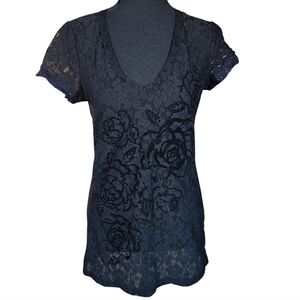 2000s Vanity Lace Velvet Rose V Neck Top